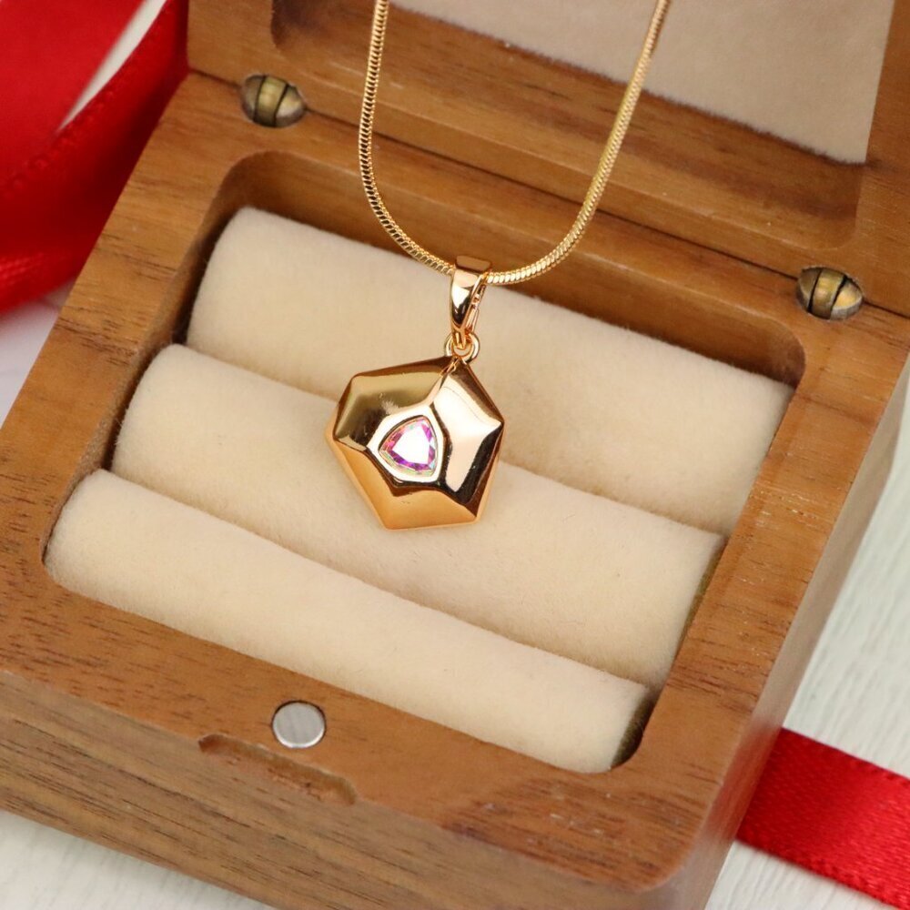 "Gold-Plated Satin White Pendant with Iridescent Center Stone, XPPT1749 - Picture 7 of 13